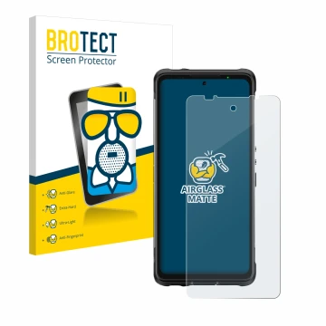 Front side of a product packaging with the brand logo BROTECT. Next to it is the device Ulefone Armor 10 5G shown with the cor