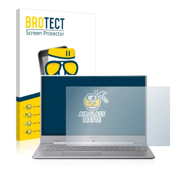 Front side of a product packaging with the brand logo BROTECT. Next to it is the device MEDION Akoya S17403 shown with the cor