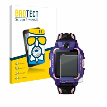 Front side of a product packaging with the brand logo BROTECT. Next to it is the device Imoo Watch Phone Z6 shown with the cor