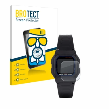 Front side of a product packaging with the brand logo BROTECT. Next to it is the device Casio W-800H-1AVES shown with the corr