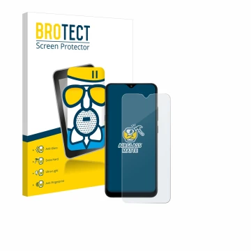 Front side of a product packaging with the brand logo BROTECT. Next to it is the device Samsung Galaxy A02s shown with the cor