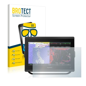 Front side of a product packaging with the brand logo BROTECT. Next to it is the device Garmin GPSMAP 8412xsv shown with the c
