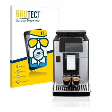 Front side of a product packaging with the brand logo BROTECT. Next to it is the device DeLonghi PrimaDonna Soul ECAM610.75.MB