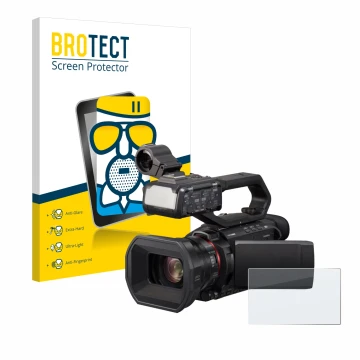 Front side of a product packaging with the brand logo BROTECT. Next to it is the device Panasonic HC-X2000 shown with the corr