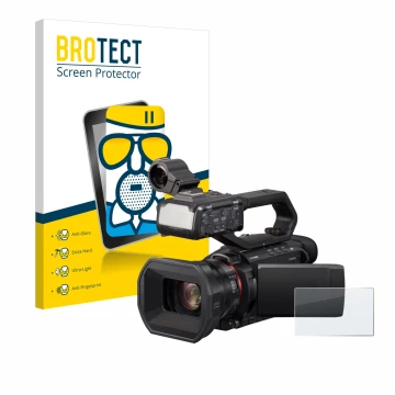 Front side of a product packaging with the brand logo BROTECT. Next to it is the device Panasonic HC-X1500 shown with the corr