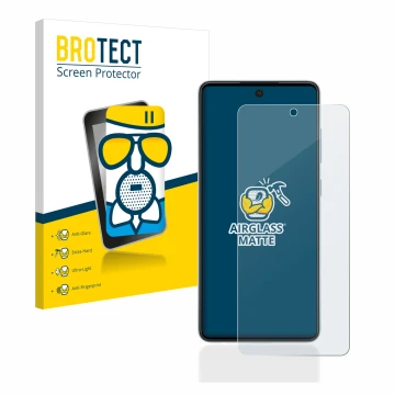 Front side of a product packaging with the brand logo BROTECT. Next to it is the device Samsung Galaxy A52 5G shown with the c