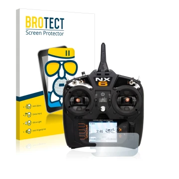 Front side of a product packaging with the brand logo BROTECT. Next to it is the device Spektrum NX6 shown with the correspond