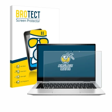 Front side of a product packaging with the brand logo BROTECT. Next to it is the device HP EliteBook x360 830 G8 shown with th