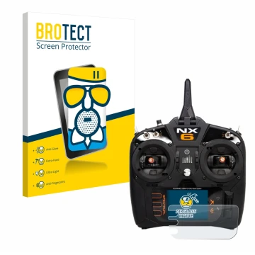 Front side of a product packaging with the brand logo BROTECT. Next to it is the device Spektrum NX10 shown with the correspon