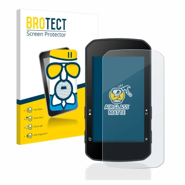 Front side of a product packaging with the brand logo BROTECT. Next to it is the device Bryton Rider 750 shown with the corres