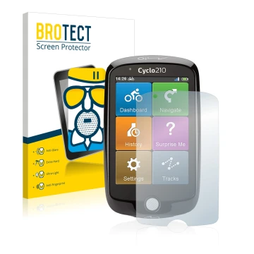 Front side of a product packaging with the brand logo BROTECT. Next to it is the device Mio Cyclo 210 shown with the correspon