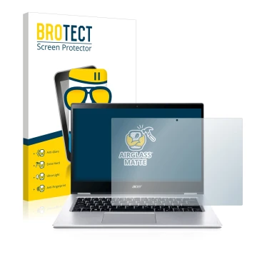 Front side of a product packaging with the brand logo BROTECT. Next to it is the device Acer Spin 3 SP314-54N shown with the c