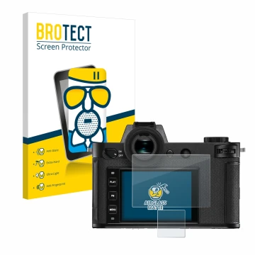 Front side of a product packaging with the brand logo BROTECT. Next to it is the device Leica SL2-S shown with the correspondi