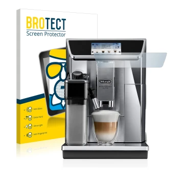 Front side of a product packaging with the brand logo BROTECT. Next to it is the device DeLonghi PrimaDonna Elite Experience E