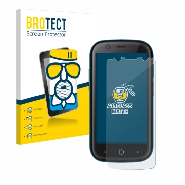 Front side of a product packaging with the brand logo BROTECT. Next to it is the device Unihertz Jelly 2 shown with the corres