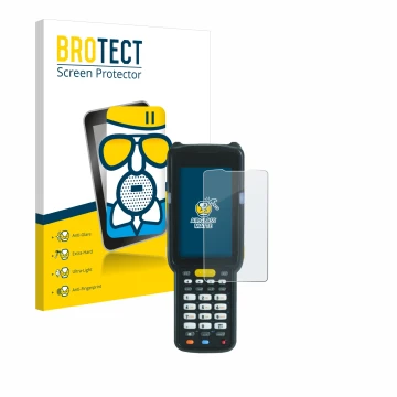 Front side of a product packaging with the brand logo BROTECT. Next to it is the device Zebra MC3300X shown with the correspon