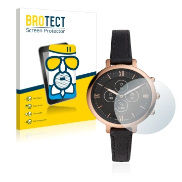 Front side of a product packaging with the brand logo BROTECT. Next to it is the device Fossil Monroe Hybrid HR shown with the