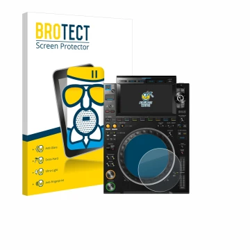 Front side of a product packaging with the brand logo BROTECT. Next to it is the device Pioneer CDJ 3000 (circle) shown with t