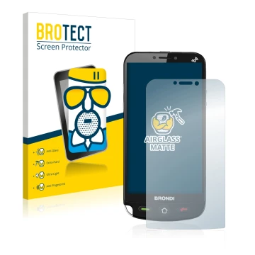 Front side of a product packaging with the brand logo BROTECT. Next to it is the device Brondi Amico Dual Sim shown with the c