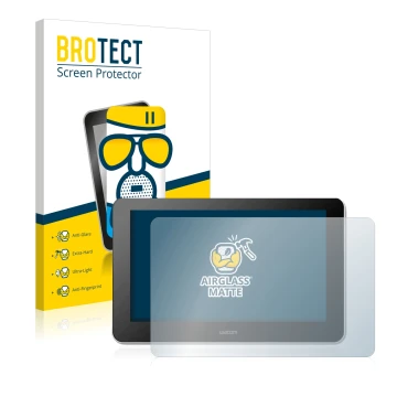 Front side of a product packaging with the brand logo BROTECT. Next to it is the device Wacom One Creative Pen Display shown w