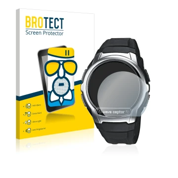 Front side of a product packaging with the brand logo BROTECT. Next to it is the device Casio Wave Ceptor WV-58 shown with the