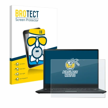 Front side of a product packaging with the brand logo BROTECT. Next to it is the device ASUS Rog Flow X13 2022 shown with the 