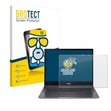 Front side of a product packaging with the brand logo BROTECT. Next to it is the device Acer Chromebook Spin 713 shown with th