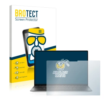 Front side of a product packaging with the brand logo BROTECT. Next to it is the device Dell XPS 13 9310 Touch shown with the 