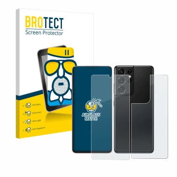 Front side of a product packaging with the brand logo BROTECT. Next to it is the device Samsung Galaxy S21 Ultra 5G (Front+Bac