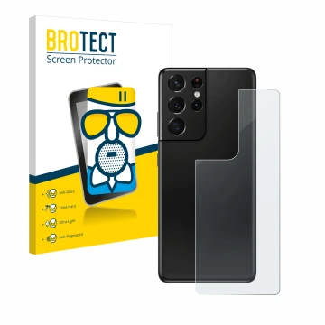 Front side of a product packaging with the brand logo BROTECT. Next to it is the device Samsung Galaxy S21 Ultra 5G (Back) sho