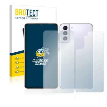 Front side of a product packaging with the brand logo BROTECT. Next to it is the device Samsung Galaxy S21 5G (Front+Back) sho