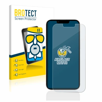 Front side of a product packaging with the brand logo BROTECT. Next to it is the device Apple iPhone 13 shown with the corresp