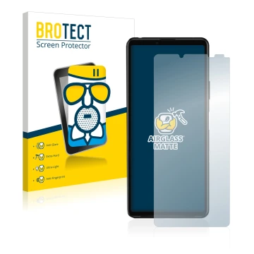 Front side of a product packaging with the brand logo BROTECT. Next to it is the device Sony Xperia 10 III shown with the corr