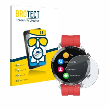 Front side of a product packaging with the brand logo BROTECT. Next to it is the device Gentleman Smartwatch shown with the co