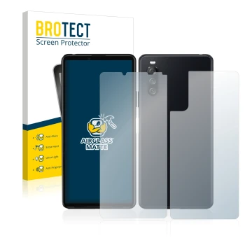 Front side of a product packaging with the brand logo BROTECT. Next to it is the device Sony Xperia 10 III (Front+Back) shown 
