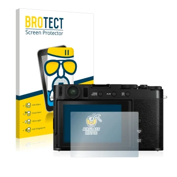 Front side of a product packaging with the brand logo BROTECT. Next to it is the device Fujifilm X-E4 shown with the correspon