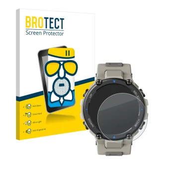 Front side of a product packaging with the brand logo BROTECT. Next to it is the device Huami Amazfit T-Rex Pro shown with the