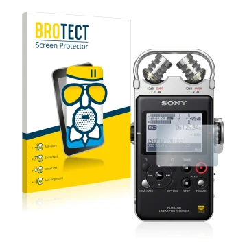 Front side of a product packaging with the brand logo BROTECT. Next to it is the device Sony PCM D100 shown with the correspon
