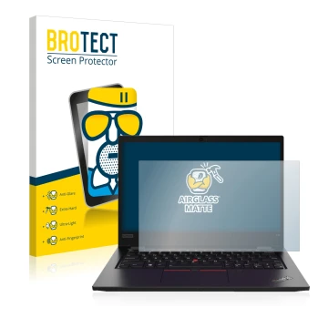 Front side of a product packaging with the brand logo BROTECT. Next to it is the device Lenovo ThinkPad L13 Gen 2 shown with t