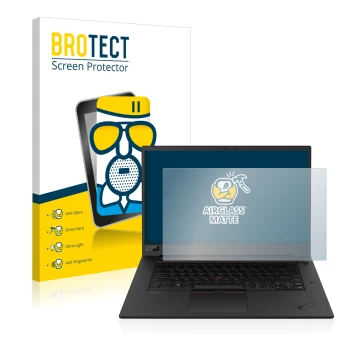 Front side of a product packaging with the brand logo BROTECT. Next to it is the device Lenovo ThinkPad P1 Gen 3 shown with th