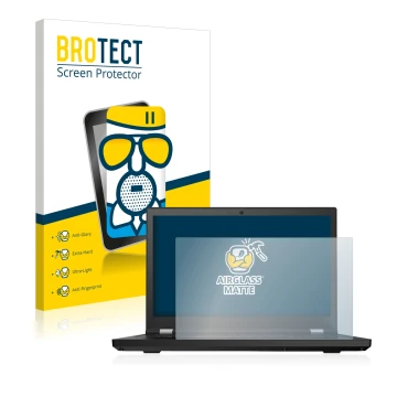 Front side of a product packaging with the brand logo BROTECT. Next to it is the device Lenovo ThinkPad P15 shown with the cor