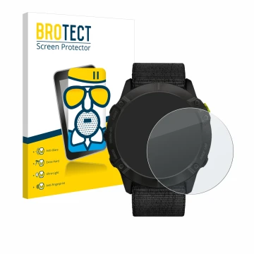 Front side of a product packaging with the brand logo BROTECT. Next to it is the device Garmin Enduro shown with the correspon