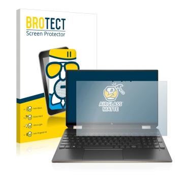 Front side of a product packaging with the brand logo BROTECT. Next to it is the device HP Spectre x360 (15-eb) (359.9 mm x 22