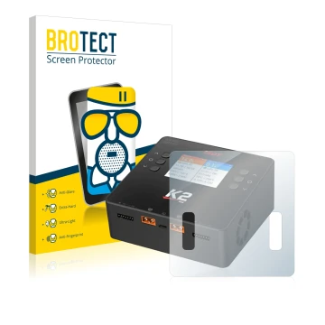 Front side of a product packaging with the brand logo BROTECT. Next to it is the device ISDT Smart Duo Charger K2 shown with t