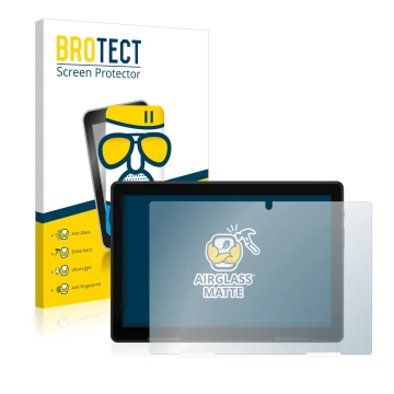 Front side of a product packaging with the brand logo BROTECT. Next to it is the device MEDION Lifetab E10802 shown with the c