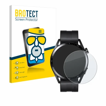 Front side of a product packaging with the brand logo BROTECT. Next to it is the device Huawei Watch GT 3 (46 mm) shown with t