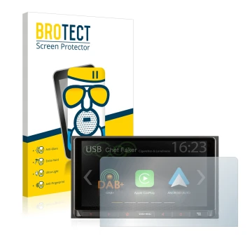 Front side of a product packaging with the brand logo BROTECT. Next to it is the device Zenec Z-N528 shown with the correspond