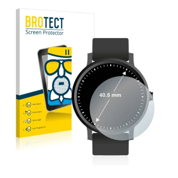 Front side of a product packaging with the brand logo BROTECT. Next to it is the device Watches (Circular, ø: 40.5 mm) shown w