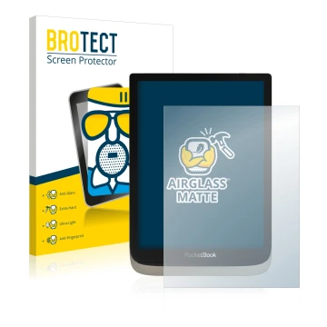 Front side of a product packaging with the brand logo BROTECT. Next to it is the device PocketBook InkPad Color shown with the