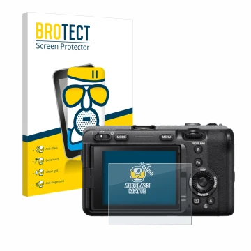 Front side of a product packaging with the brand logo BROTECT. Next to it is the device Sony FX3 shown with the corresponding 